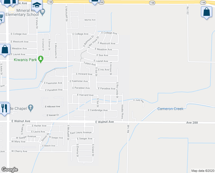 map of restaurants, bars, coffee shops, grocery stores, and more near 4222 East Paradise Avenue in Visalia