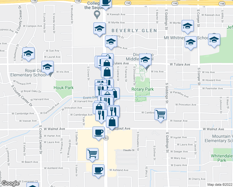 map of restaurants, bars, coffee shops, grocery stores, and more near 1533 South Central Street in Visalia