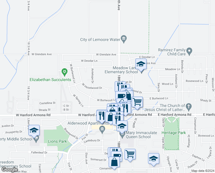 map of restaurants, bars, coffee shops, grocery stores, and more near 150 West Hazelwood Drive in Lemoore
