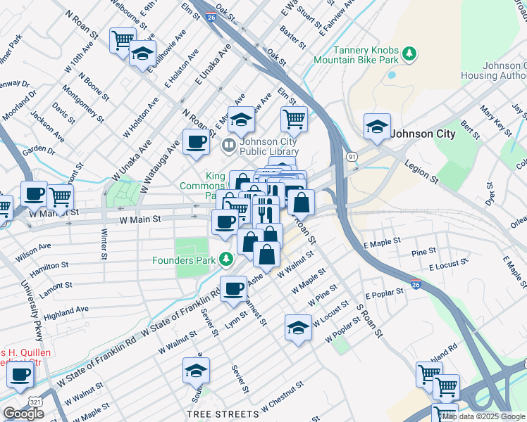 map of restaurants, bars, coffee shops, grocery stores, and more near 222 East Main Street in Johnson City