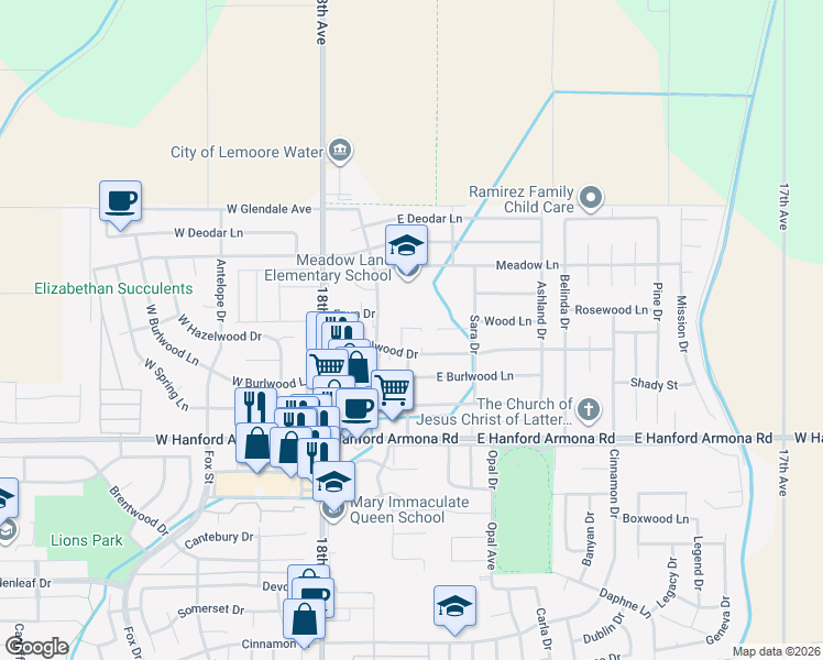 map of restaurants, bars, coffee shops, grocery stores, and more near 226 East Hazelwood Drive in Lemoore