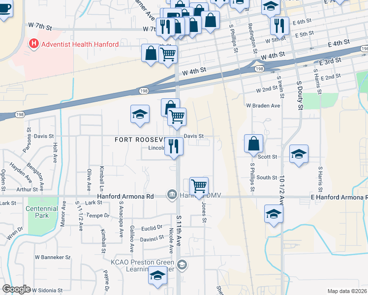 map of restaurants, bars, coffee shops, grocery stores, and more near 750 South 11th Avenue in Hanford