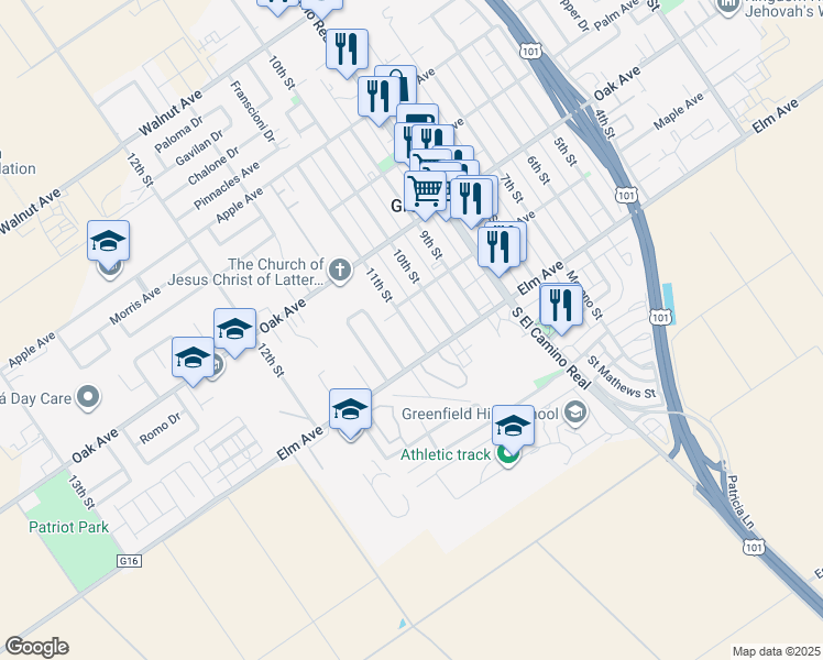 map of restaurants, bars, coffee shops, grocery stores, and more near 17 11th Street in Greenfield