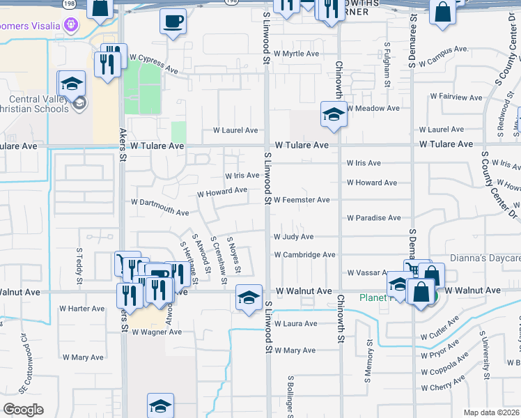 map of restaurants, bars, coffee shops, grocery stores, and more near 1604 South Rossmoor Court in Visalia