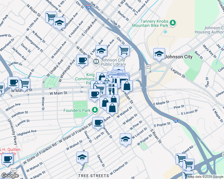 map of restaurants, bars, coffee shops, grocery stores, and more near 222 East Main Street in Johnson City