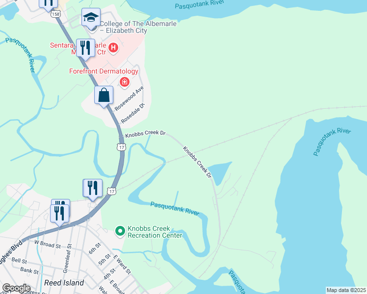 map of restaurants, bars, coffee shops, grocery stores, and more near 141 Knobbs Creek Drive in Elizabeth City