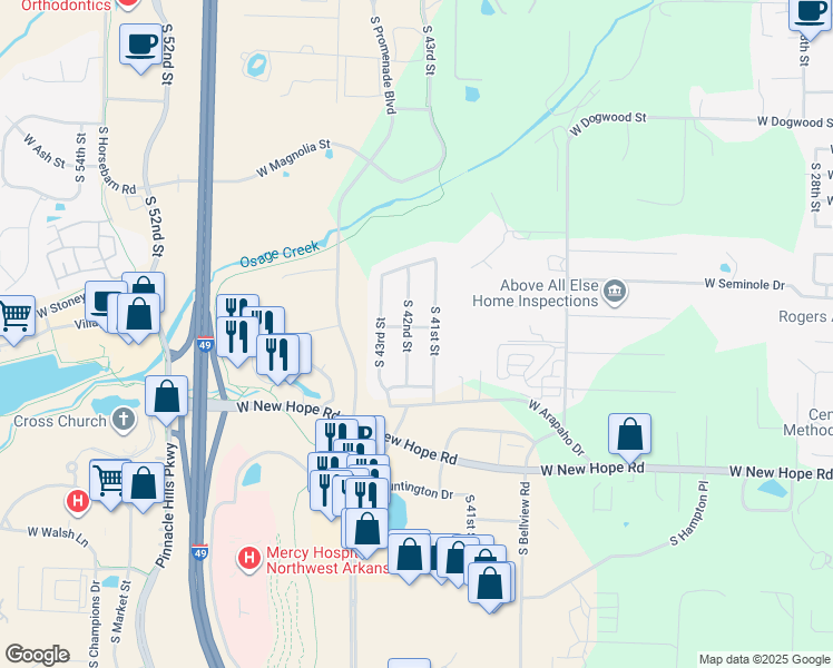 map of restaurants, bars, coffee shops, grocery stores, and more near 1718 South 42nd Street in Rogers