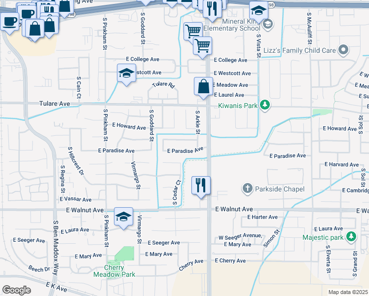 map of restaurants, bars, coffee shops, grocery stores, and more near 2708 East Paradise Avenue in Visalia