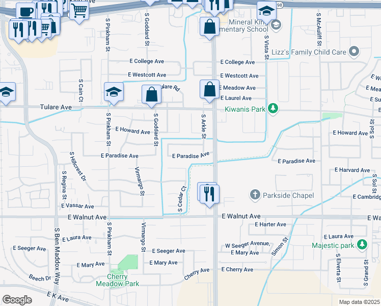 map of restaurants, bars, coffee shops, grocery stores, and more near 2735 East Paradise Avenue in Visalia