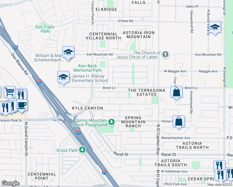 map of restaurants, bars, coffee shops, grocery stores, and more near 9045 Big Plantation Avenue in Las Vegas