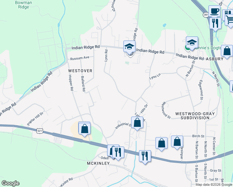 map of restaurants, bars, coffee shops, grocery stores, and more near 255 Lynn Road in Johnson City