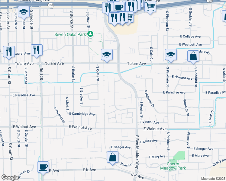 map of restaurants, bars, coffee shops, grocery stores, and more near 1425 East Feemster Avenue in Visalia
