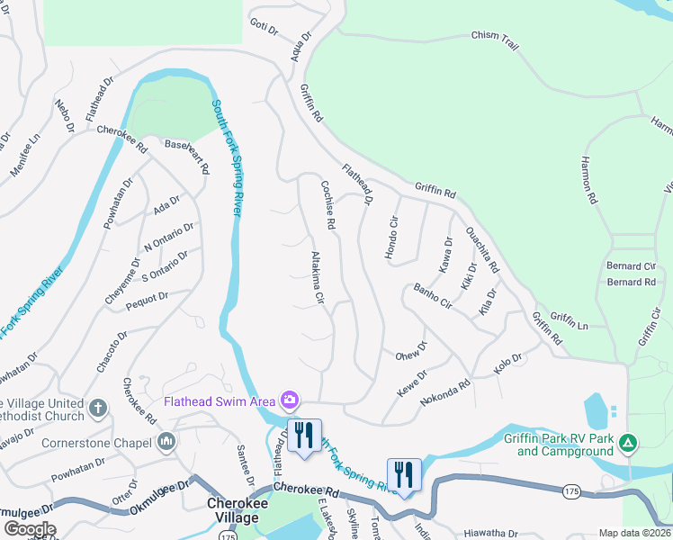 map of restaurants, bars, coffee shops, grocery stores, and more near 87 Cochise Road in Cherokee Village