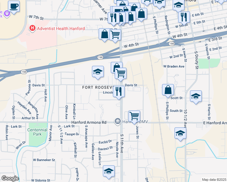 map of restaurants, bars, coffee shops, grocery stores, and more near 766 Lincoln Street in Hanford