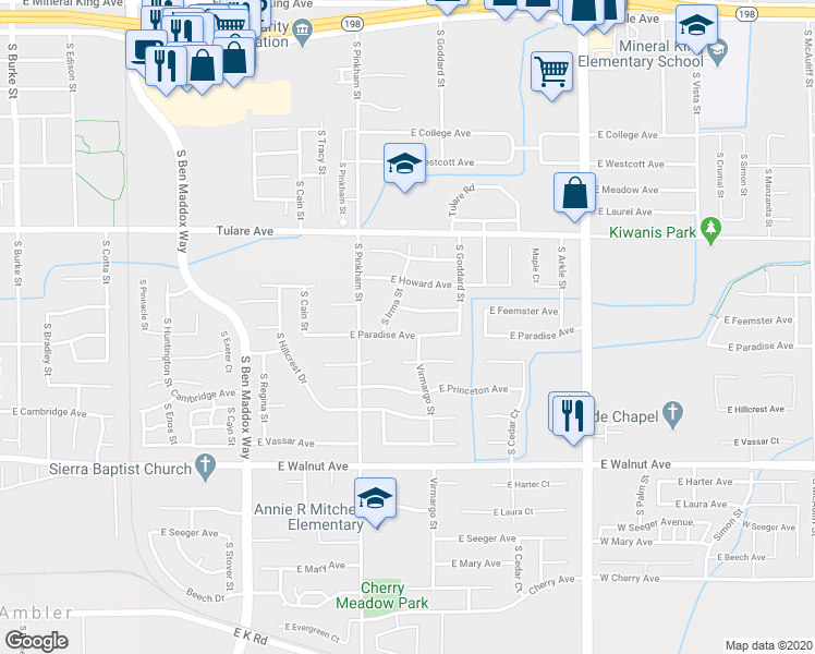map of restaurants, bars, coffee shops, grocery stores, and more near 2232 East Paradise Avenue in Visalia