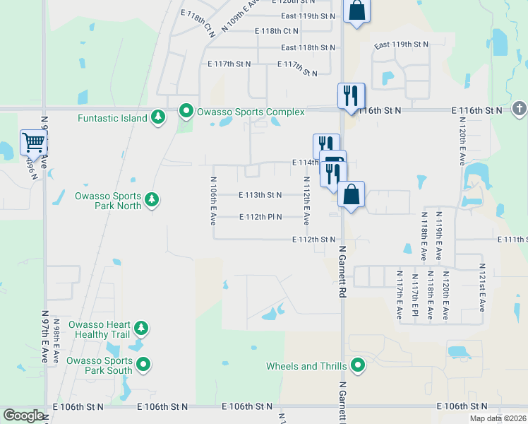 map of restaurants, bars, coffee shops, grocery stores, and more near 10618 East 112th Place North in Owasso