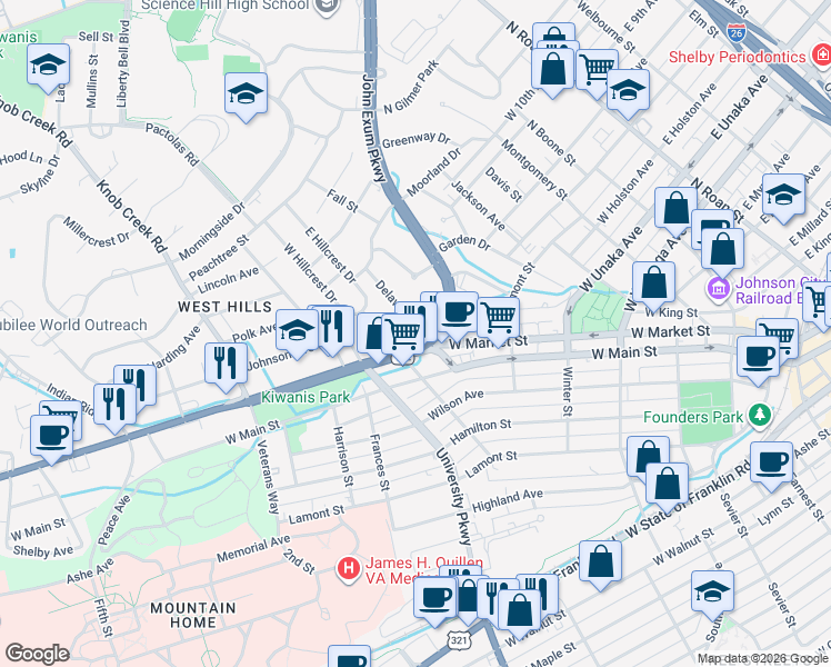 map of restaurants, bars, coffee shops, grocery stores, and more near 608 U.S. 11E in Johnson City