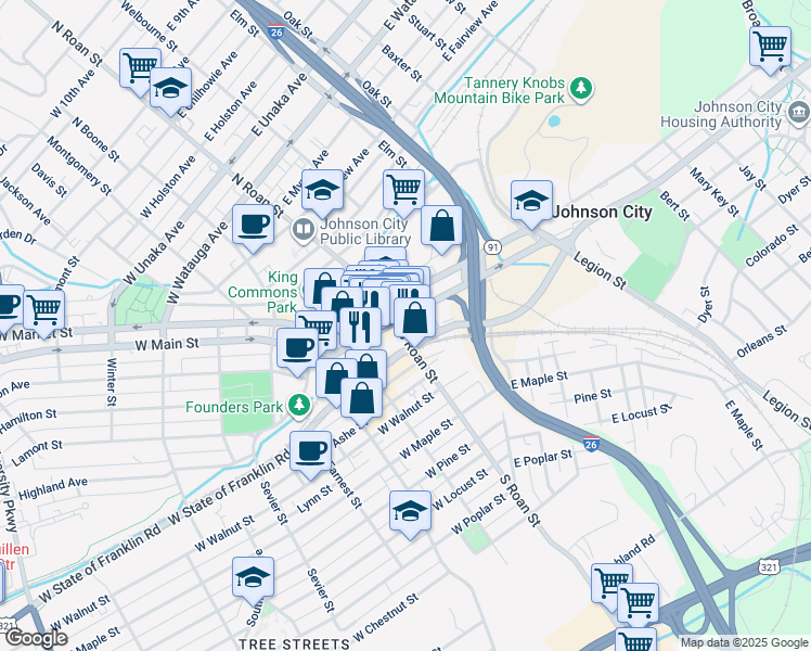 map of restaurants, bars, coffee shops, grocery stores, and more near 407 South Roan Street in Johnson City