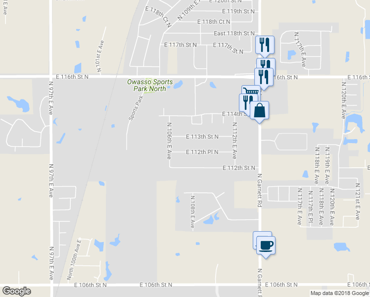 map of restaurants, bars, coffee shops, grocery stores, and more near 10607 East 112th Place North in Owasso