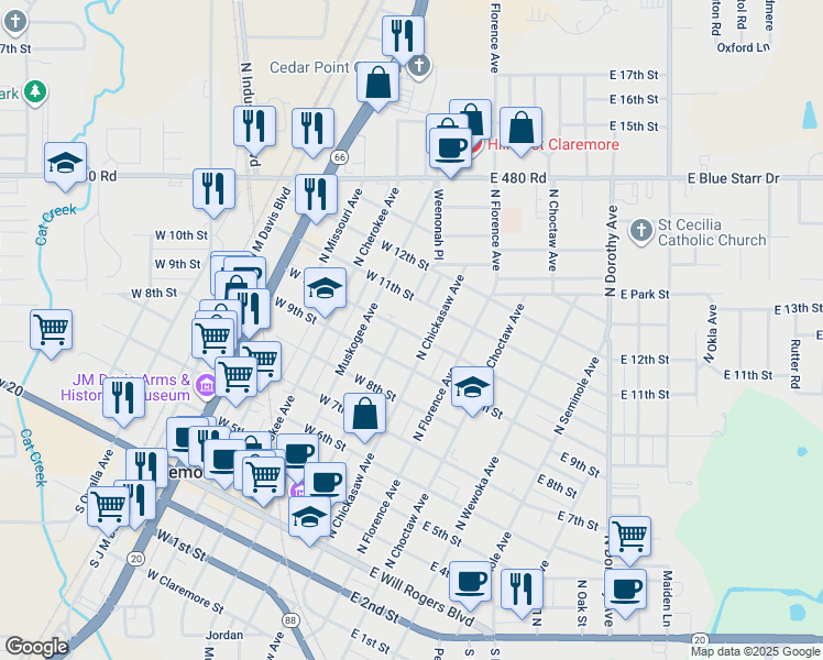 map of restaurants, bars, coffee shops, grocery stores, and more near 102 West 10th Street in Claremore
