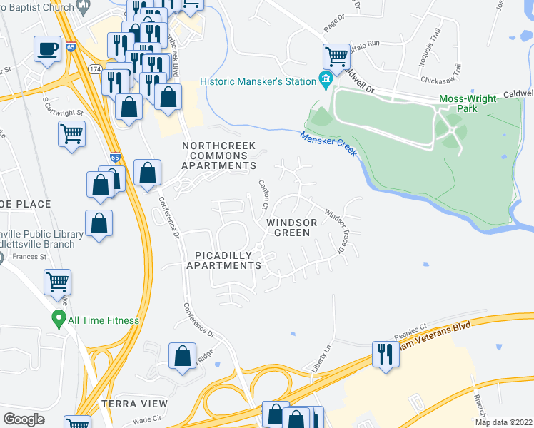map of restaurants, bars, coffee shops, grocery stores, and more near 102 Swanton Court in Goodlettsville
