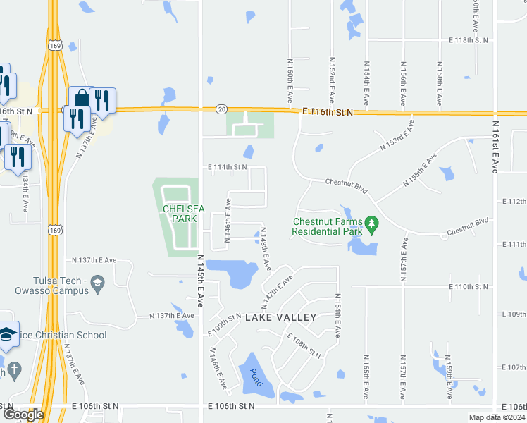 map of restaurants, bars, coffee shops, grocery stores, and more near 14624 East 112th Place North in Owasso