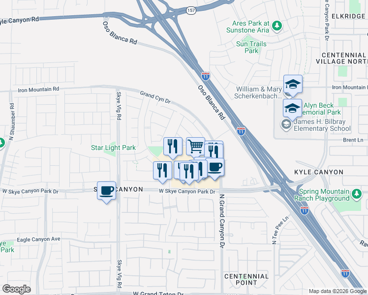 map of restaurants, bars, coffee shops, grocery stores, and more near 9750 West Skye Canyon Park Drive in Las Vegas