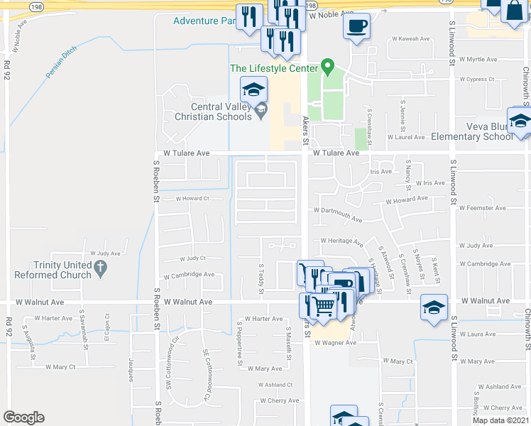 map of restaurants, bars, coffee shops, grocery stores, and more near 5516 West Judy Avenue in Visalia