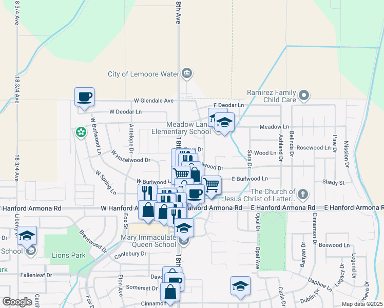 map of restaurants, bars, coffee shops, grocery stores, and more near 32 East Hazelwood Drive in Lemoore
