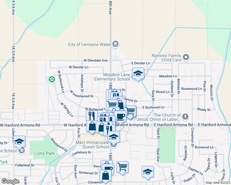 map of restaurants, bars, coffee shops, grocery stores, and more near 32 East Hazelwood Drive in Lemoore