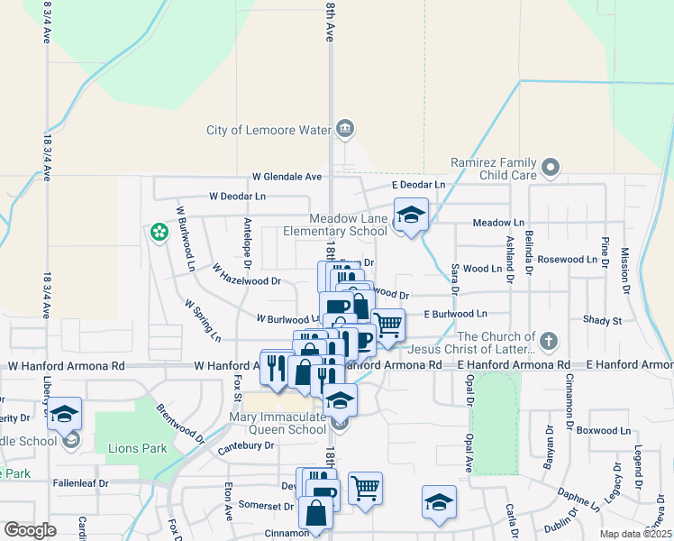 map of restaurants, bars, coffee shops, grocery stores, and more near 1335 18th Avenue in Lemoore