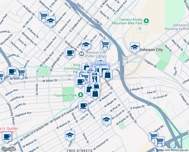 map of restaurants, bars, coffee shops, grocery stores, and more near 222 East Main Street in Johnson City