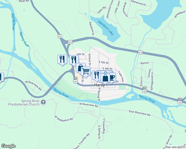 map of restaurants, bars, coffee shops, grocery stores, and more near 104 West 1st Street in Hardy