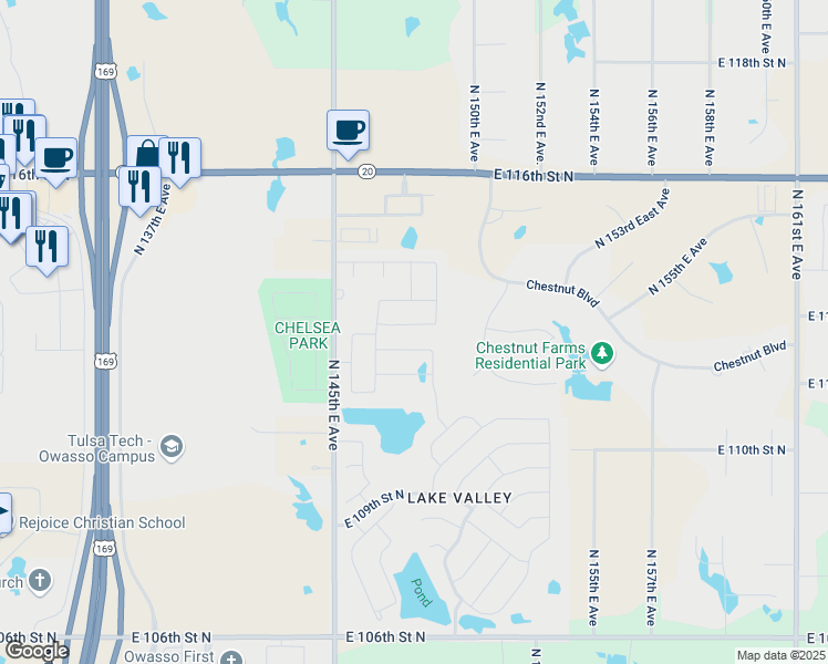 map of restaurants, bars, coffee shops, grocery stores, and more near 14616 East 112th Place North in Owasso