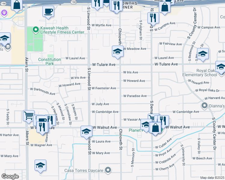 map of restaurants, bars, coffee shops, grocery stores, and more near 4203 West Feemster Avenue in Visalia