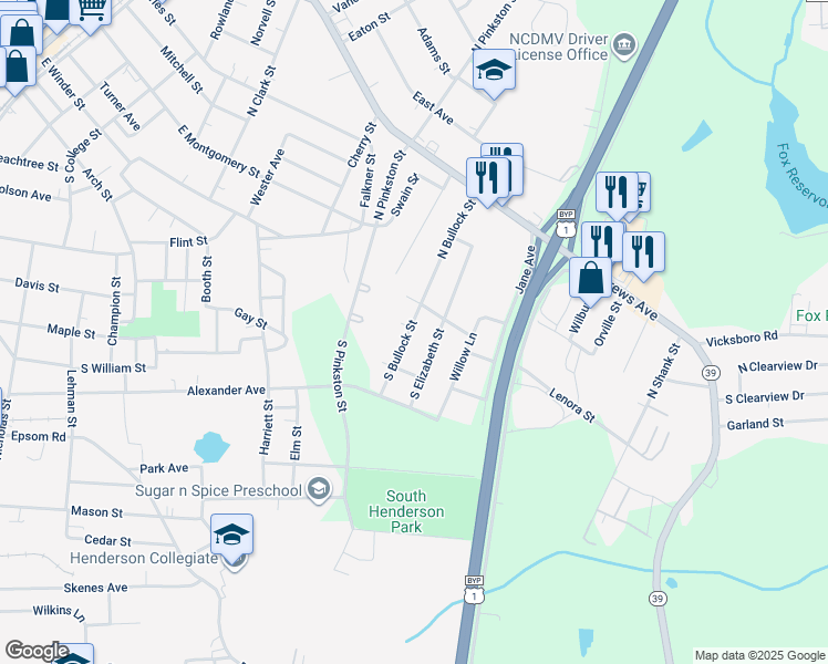 map of restaurants, bars, coffee shops, grocery stores, and more near 136 South Elizabeth Street in Henderson
