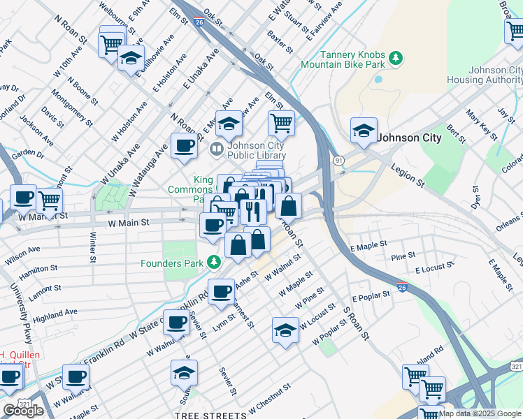 map of restaurants, bars, coffee shops, grocery stores, and more near 222 East Main Street in Johnson City