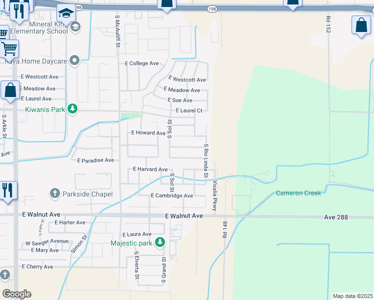 map of restaurants, bars, coffee shops, grocery stores, and more near 4215 East Feemster Avenue in Visalia