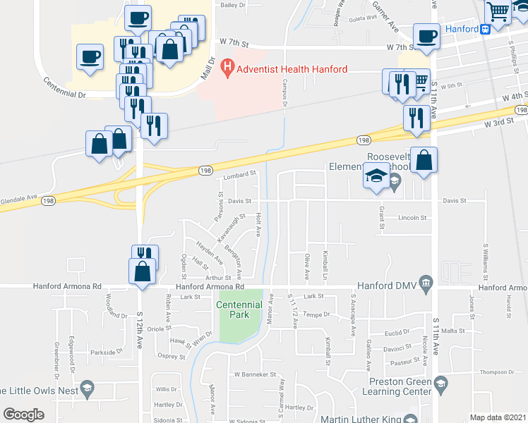 map of restaurants, bars, coffee shops, grocery stores, and more near 629 Holt Avenue in Hanford