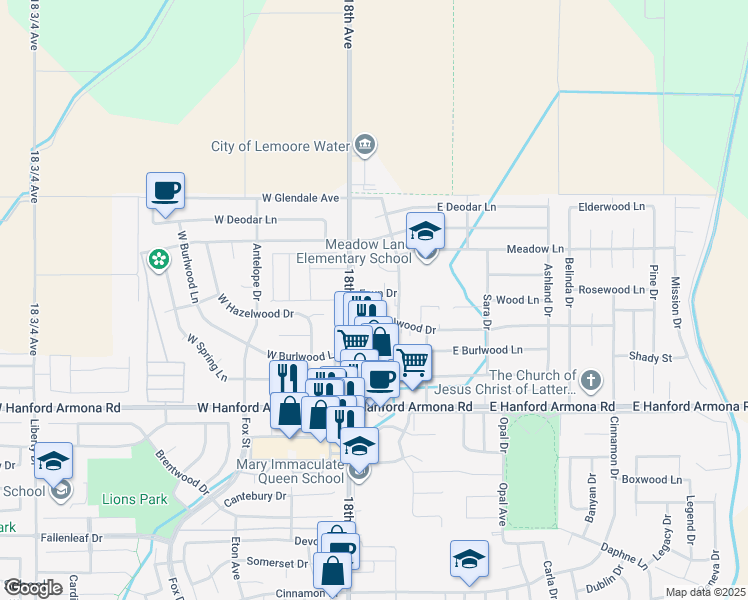 map of restaurants, bars, coffee shops, grocery stores, and more near 69 Faun Drive in Lemoore