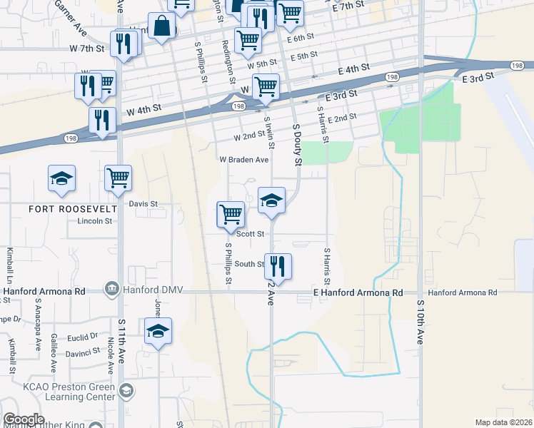 map of restaurants, bars, coffee shops, grocery stores, and more near 704 South Irwin Street in Hanford