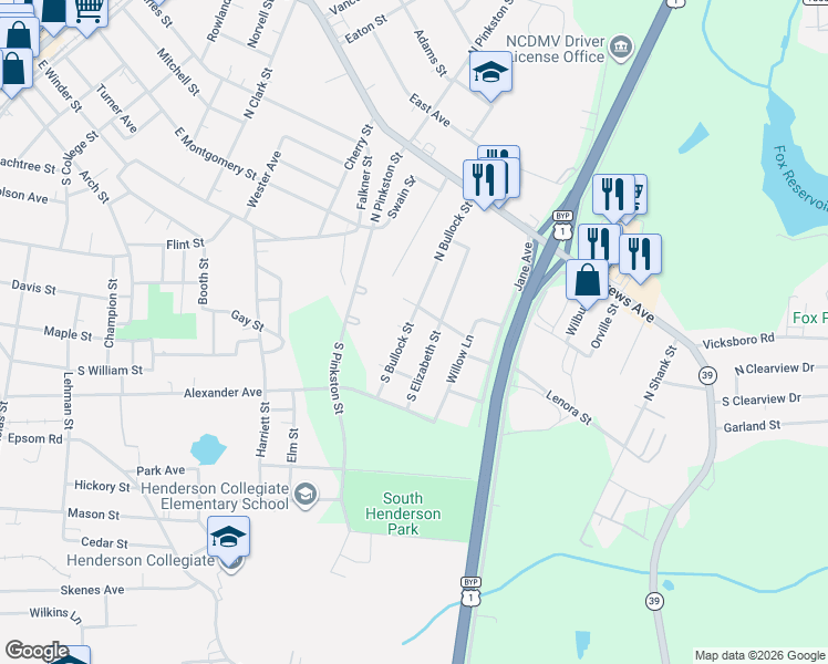 map of restaurants, bars, coffee shops, grocery stores, and more near 136 South Elizabeth Street in Henderson