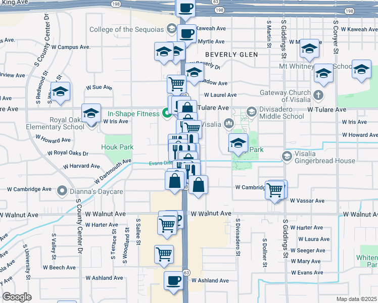 map of restaurants, bars, coffee shops, grocery stores, and more near 1542 South Mooney Boulevard in Visalia