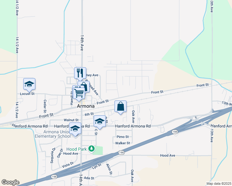 map of restaurants, bars, coffee shops, grocery stores, and more near 13708 Front Street in Hanford