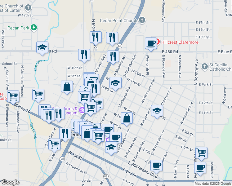 map of restaurants, bars, coffee shops, grocery stores, and more near in Claremore
