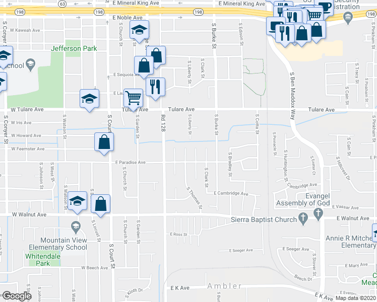 map of restaurants, bars, coffee shops, grocery stores, and more near 1508 South Thomas Street in Visalia