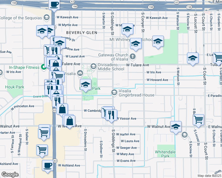map of restaurants, bars, coffee shops, grocery stores, and more near 1246 West Whispering Pines Court in Visalia