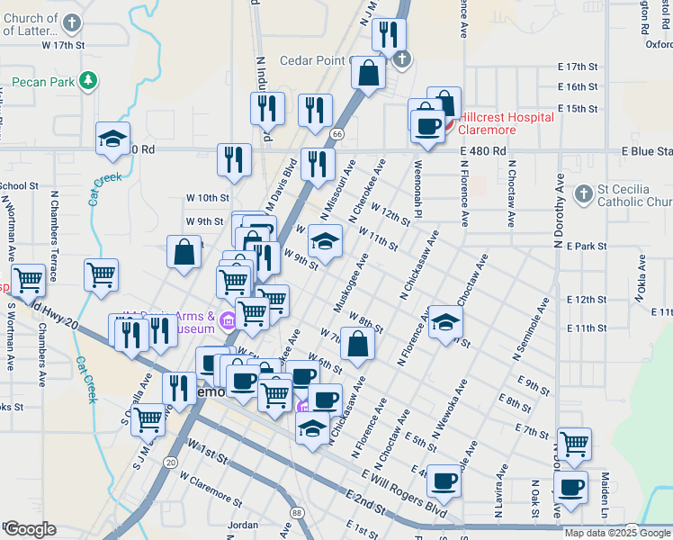 map of restaurants, bars, coffee shops, grocery stores, and more near 320 West 9th Street in Claremore