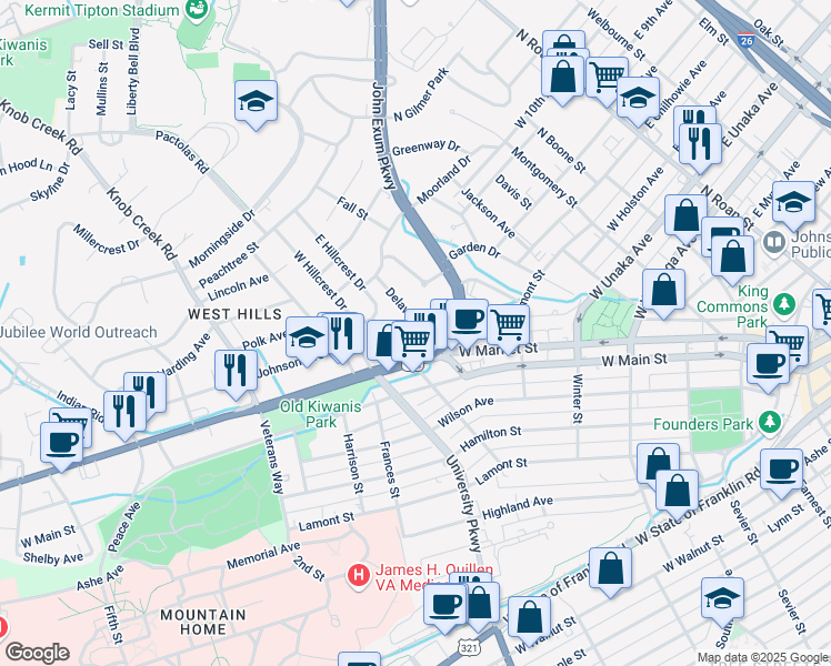 map of restaurants, bars, coffee shops, grocery stores, and more near 302 Delaware Street in Johnson City