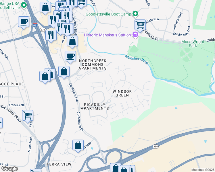 map of restaurants, bars, coffee shops, grocery stores, and more near 126 Canton Court in Goodlettsville